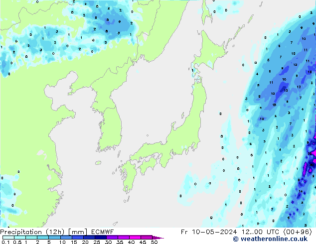 Precipitation (12h) ECMWF Pá 10.05.2024 00 UTC