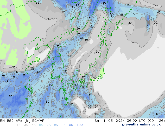 Humedad rel. 850hPa ECMWF sáb 11.05.2024 06 UTC