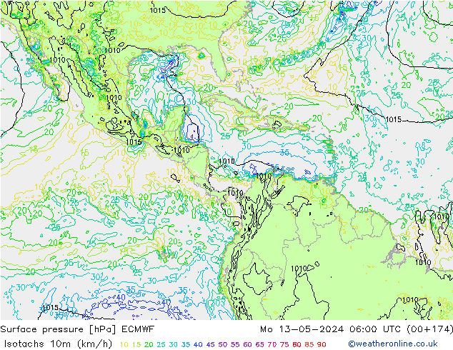 Isotachs (kph) ECMWF Mo 13.05.2024 06 UTC