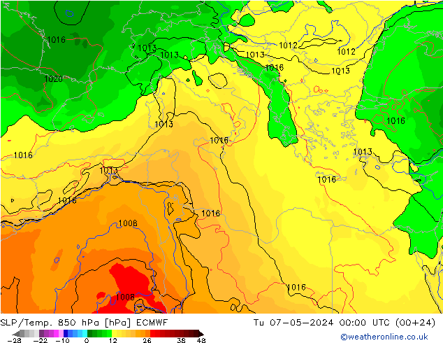 SLP/Temp. 850 hPa ECMWF Út 07.05.2024 00 UTC