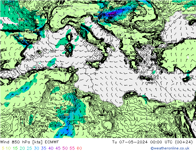 Wind 850 hPa ECMWF Út 07.05.2024 00 UTC