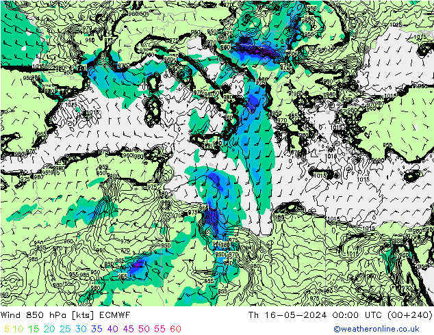 Vento 850 hPa ECMWF Qui 16.05.2024 00 UTC