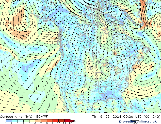 Surface wind (bft) ECMWF Th 16.05.2024 00 UTC