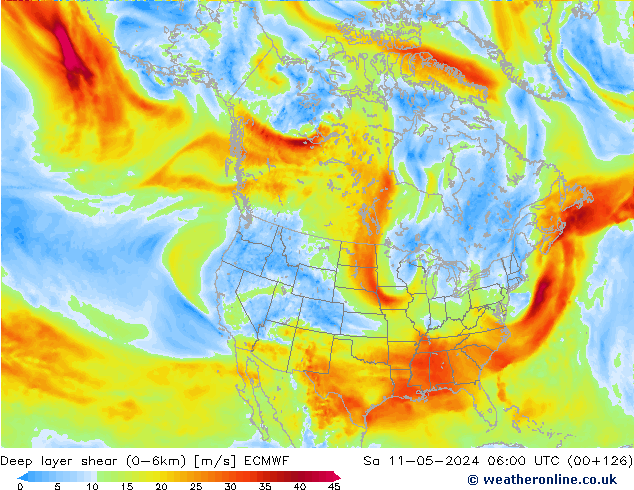 Deep layer shear (0-6km) ECMWF Cts 11.05.2024 06 UTC