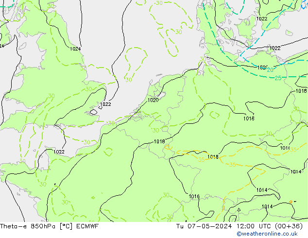 Theta-e 850hPa ECMWF wto. 07.05.2024 12 UTC