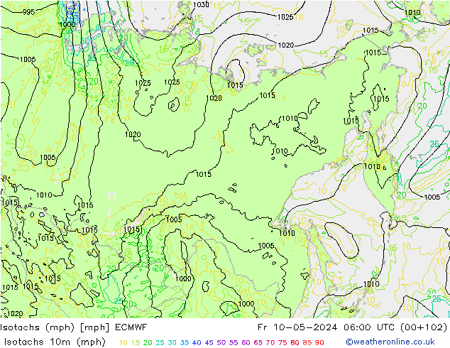 Izotacha (mph) ECMWF pt. 10.05.2024 06 UTC