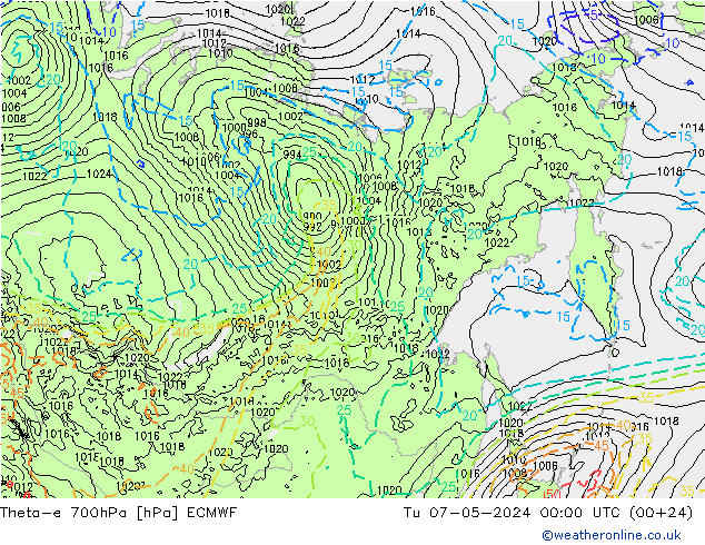 Theta-e 700hPa ECMWF Tu 07.05.2024 00 UTC