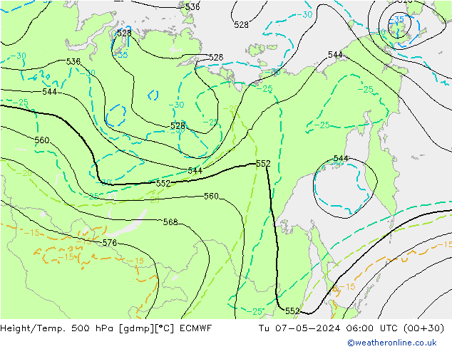 Z500/Rain (+SLP)/Z850 ECMWF  07.05.2024 06 UTC