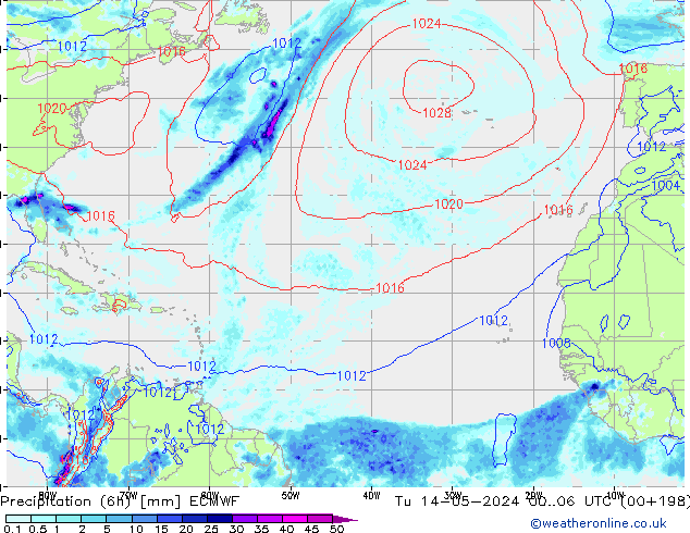 Precipitation (6h) ECMWF Tu 14.05.2024 06 UTC