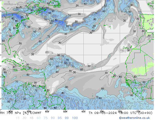 RH 700 hPa ECMWF Th 09.05.2024 18 UTC