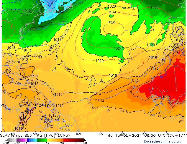 SLP/Temp. 850 hPa ECMWF Mo 13.05.2024 06 UTC