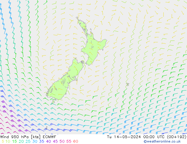 Wind 950 hPa ECMWF Út 14.05.2024 00 UTC