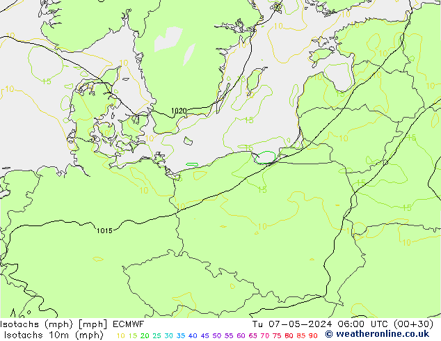 Isotachs (mph) ECMWF Út 07.05.2024 06 UTC