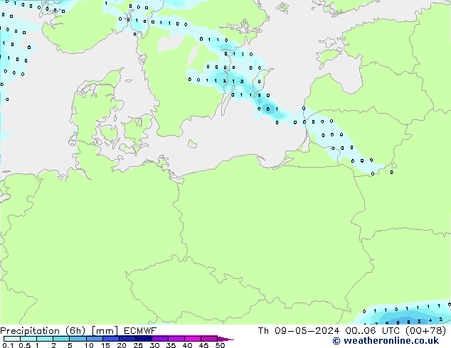 Precipitation (6h) ECMWF Čt 09.05.2024 06 UTC