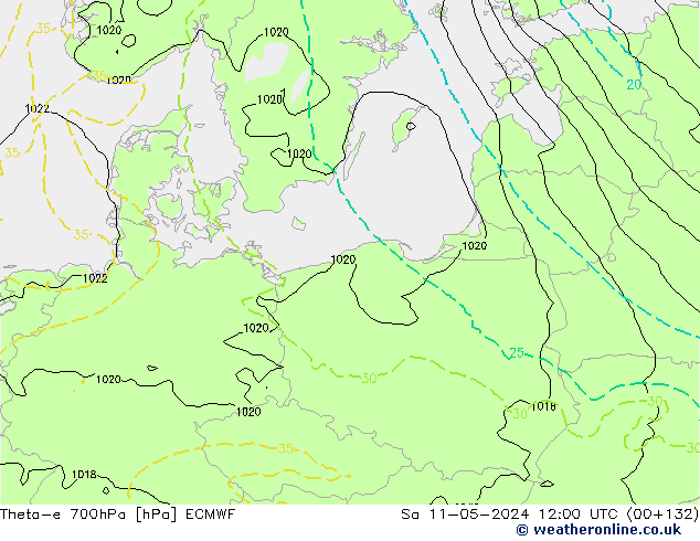 Theta-e 700hPa ECMWF so. 11.05.2024 12 UTC