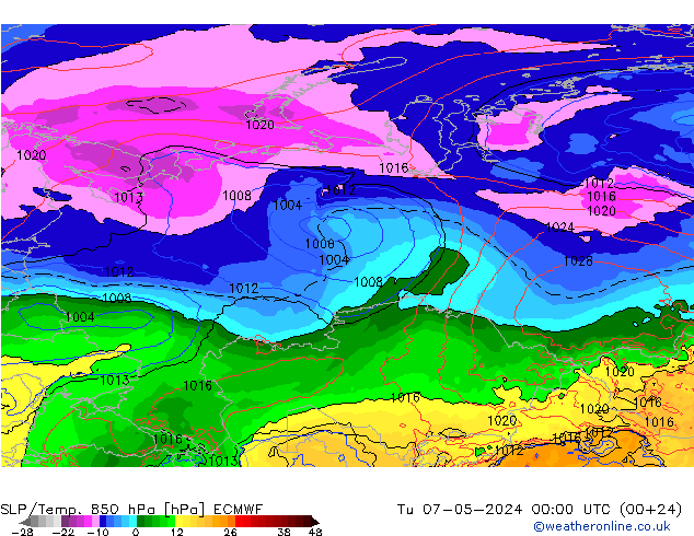 SLP/Temp. 850 hPa ECMWF Tu 07.05.2024 00 UTC