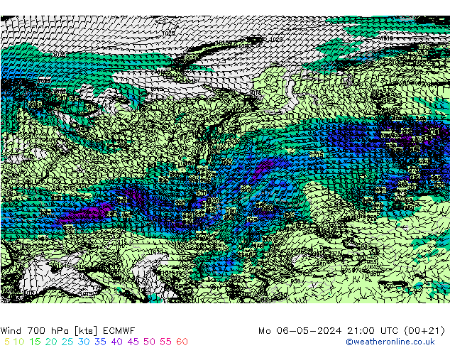 Vento 700 hPa ECMWF lun 06.05.2024 21 UTC