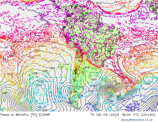 Theta-e 850hPa ECMWF do 09.05.2024 18 UTC