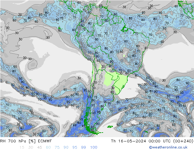 RH 700 hPa ECMWF Čt 16.05.2024 00 UTC