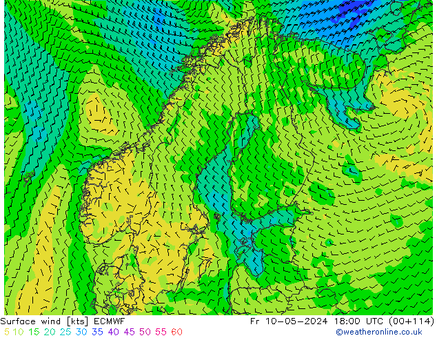 Surface wind ECMWF Pá 10.05.2024 18 UTC