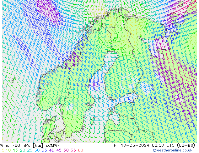 wiatr 700 hPa ECMWF pt. 10.05.2024 00 UTC