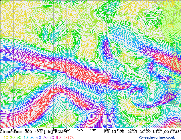 Linea di flusso 300 hPa ECMWF lun 13.05.2024 00 UTC