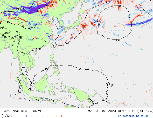 T-Adv. 850 hPa ECMWF pon. 13.05.2024 06 UTC