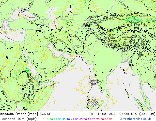Isotachs (mph) ECMWF вт 14.05.2024 06 UTC