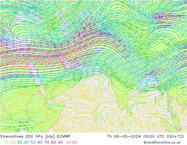Linea di flusso 200 hPa ECMWF gio 09.05.2024 00 UTC