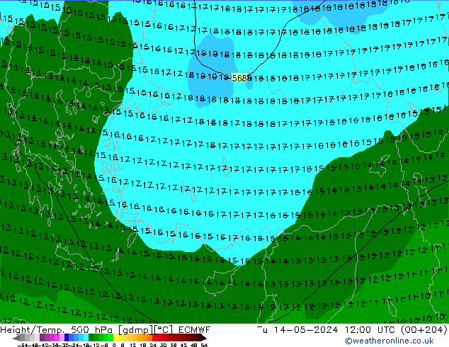 Z500/Rain (+SLP)/Z850 ECMWF Tu 14.05.2024 12 UTC