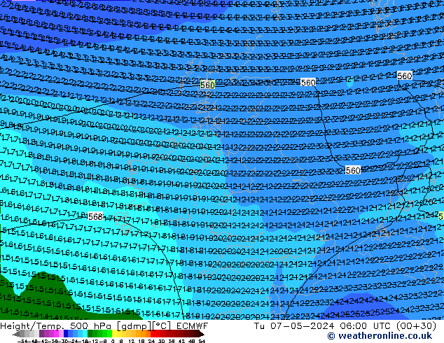 Height/Temp. 500 hPa ECMWF Tu 07.05.2024 06 UTC