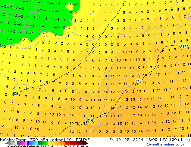 Height/Temp. 700 hPa ECMWF Fr 10.05.2024 18 UTC