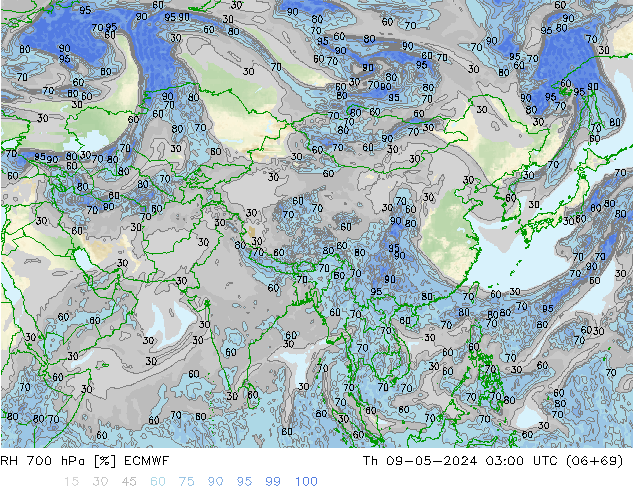 RH 700 hPa ECMWF czw. 09.05.2024 03 UTC