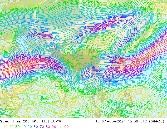 Streamlines 200 hPa ECMWF Tu 07.05.2024 12 UTC