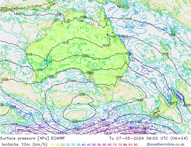 Izotacha (km/godz) ECMWF wto. 07.05.2024 06 UTC