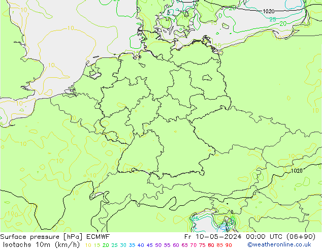 Isotachs (kph) ECMWF Fr 10.05.2024 00 UTC