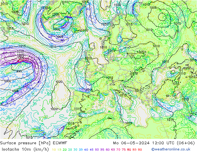 Izotacha (km/godz) ECMWF pon. 06.05.2024 12 UTC