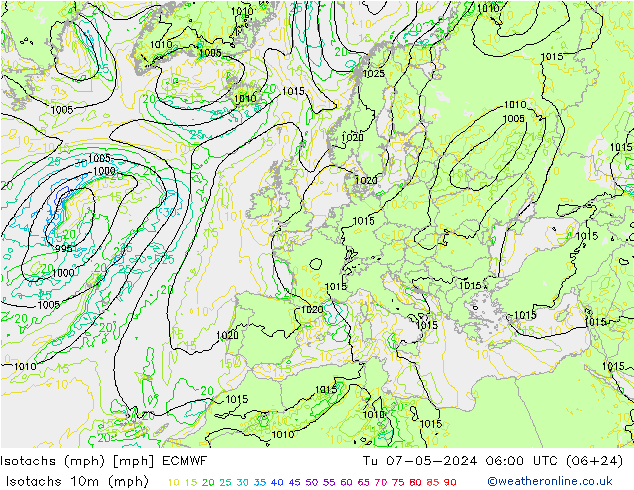 Isotachen (mph) ECMWF Di 07.05.2024 06 UTC