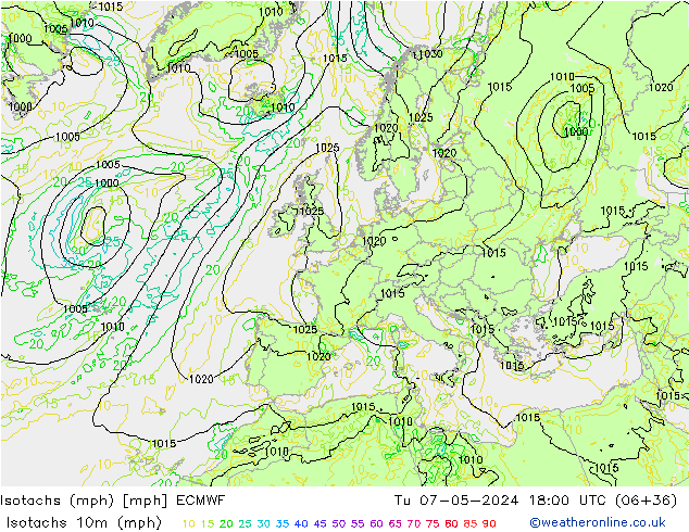 Isotachs (mph) ECMWF вт 07.05.2024 18 UTC