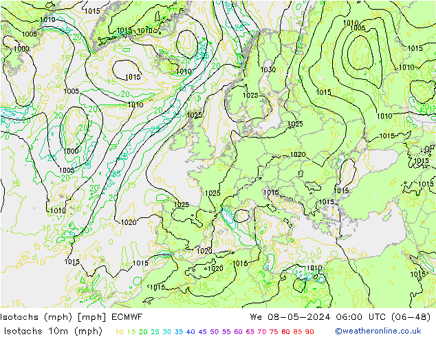 Eşrüzgar Hızları mph ECMWF Çar 08.05.2024 06 UTC