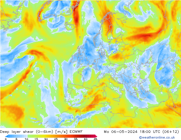 Deep layer shear (0-6km) ECMWF Mo 06.05.2024 18 UTC