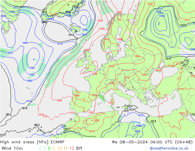 yüksek rüzgarlı alanlar ECMWF Çar 08.05.2024 06 UTC