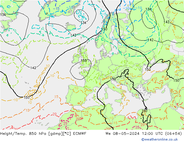 Hoogte/Temp. 850 hPa ECMWF wo 08.05.2024 12 UTC
