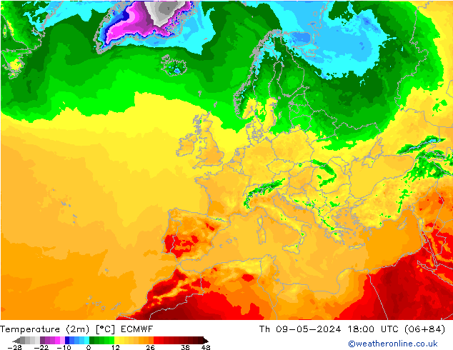 Temperatura (2m) ECMWF jue 09.05.2024 18 UTC