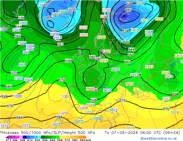 Thck 500-1000hPa ECMWF Tu 07.05.2024 06 UTC