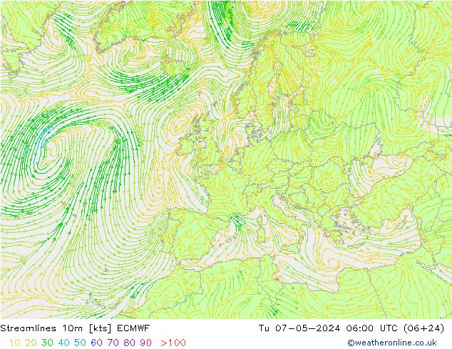 Stromlinien 10m ECMWF Di 07.05.2024 06 UTC