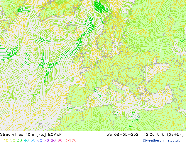 Linea di flusso 10m ECMWF mer 08.05.2024 12 UTC