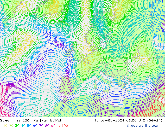 Streamlines 200 hPa ECMWF Tu 07.05.2024 06 UTC