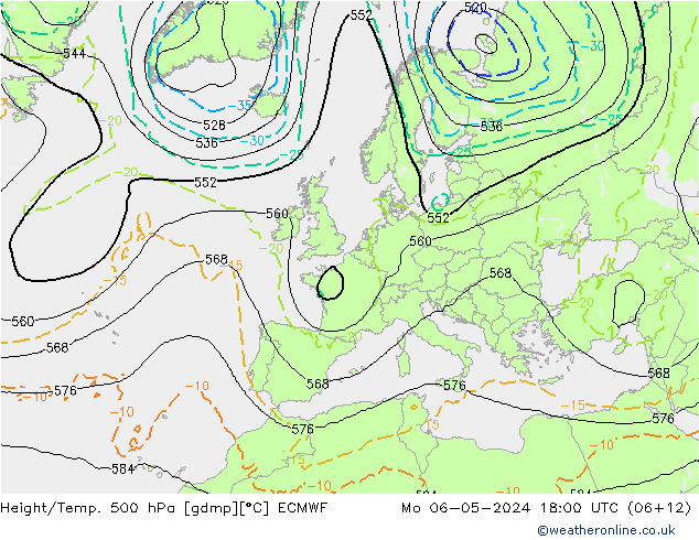 Z500/Rain (+SLP)/Z850 ECMWF Mo 06.05.2024 18 UTC