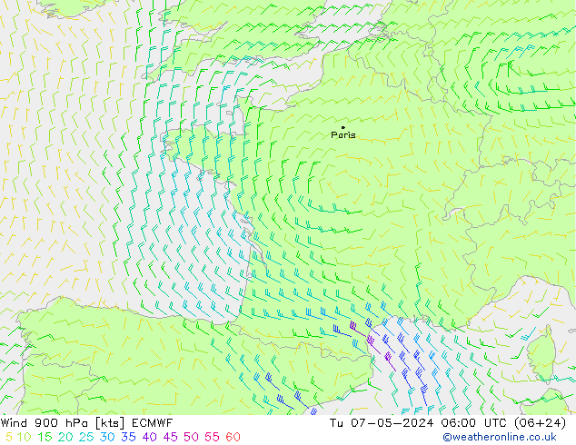 Wind 900 hPa ECMWF Di 07.05.2024 06 UTC